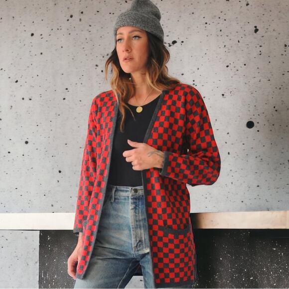 Checkered Cardigan Silk Wool Blend Checkered Vintage Sweater - Picture 2 of 16